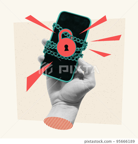Contemporary art collage. Maleh hand holding phone with chains symbolizing high level of securite 95666189
