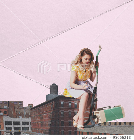 Contemporary art collage, artwork. Colorful design with retro woman in vintage city. Concept of creativity, surrealism, imagination, abstract vacation, trendy urban magazine style, fashion. Contemporary art collage, artwork. Colorful design with retro woman in vintage city. Concept of creativity, surrealism, imagination, abstract vacation, trendy urban magazine style, fashion. 95666218