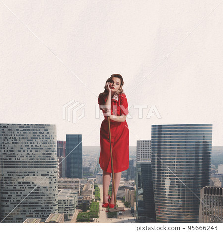 Contemporary art collage, artwork. Colorful design with retro woman in vintage city. Concept of creativity, surrealism, imagination, abstract vacation, trendy urban magazine style, fashion. 95666243
