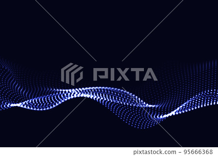Wave of dynamic particles flows through the darkness. Dotted curves vector abstract background. A beautiful 3D undulating array of shining mixed dots. 95666368