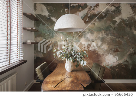 Modern Japandi appartment interior design in earth tones, natural textures with wooden solid oak furniture and sliding Japanese wood doors. Japandi concept 95666430