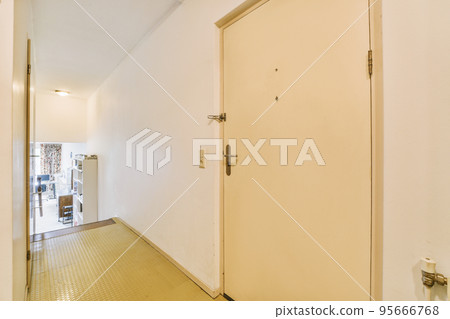 Narrow corridor with white walls and doors leading to spacious room with windows and parquet floor in modern apartment 95666768