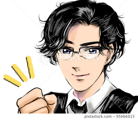一個英俊的黑髮燙髮男子戴著眼鏡用膽量姿勢歡呼的彩色卡通畫 95666815