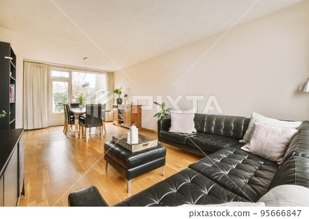 Couches and table located near TV against dining area of spacious room in contemporary apartment Couches and table located near TV against dining area of spacious room in contemporary apartment 95666847