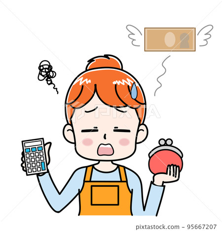 Illustration of a cute housewife who failed to save money Illustration of a cute housewife who failed to save money 95667207