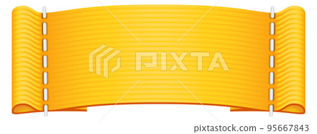 Yellow fabric tag with realistic stitches. Cloth label 95667843