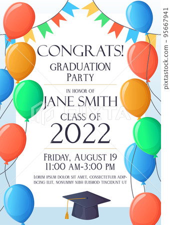 Graduation party invitation 2022 funny card. Sky with balloons. 95667941