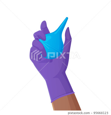 Hand holding pink rubber enema or clyster. Medical cleaning body detox tool. Illustration in cartoon style isolated on white background. 95668123
