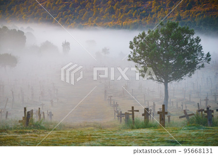Haze in morning over Sad Hill Cemetery in Burgos, Spain 95668131