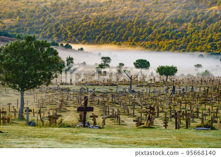 Haze in morning over Sad Hill Cemetery in Burgos, Spain 95668140