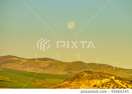 Wind turbines on hills, Andalusia Spain Wind turbines on hills, Andalusia Spain 95668345