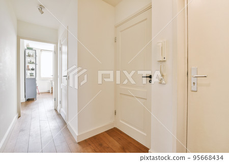 Narrow corridor with white walls and doors leading to spacious room with windows and parquet floor in modern apartment Narrow corridor with white walls and doors leading to spacious room with windows and parquet floor in modern apartment 95668434