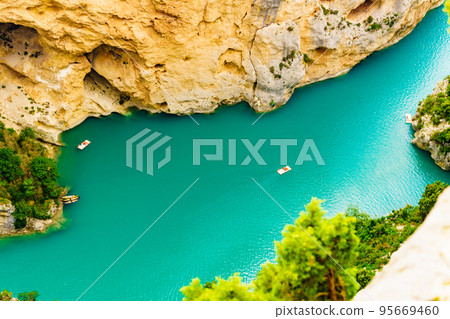 Boats on water, Verdon Gorge in Provence France. 95669460