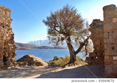 Lake castle with ancient fortifications in Kapikiri village on Bafa lake in Mugla, Turkey Lake castle with ancient fortifications in Kapikiri village on Bafa lake in Mugla, Turkey 95669678
