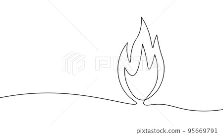 One line fire continuous art. Social media burn news symbol reaction. Emotion emoji web message. Flammable campfire danger sign vector illustration One line fire continuous art. Social media burn news symbol reaction. Emotion emoji web message. Flammable campfire danger sign vector illustration 95669791