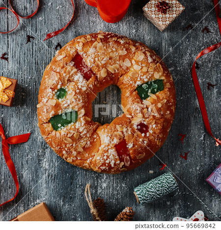 high angle view of a king cake typical of spain high angle view of a king cake typical of spain 95669842