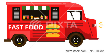 Red fast food truck. Street tasty meal icon 95670384