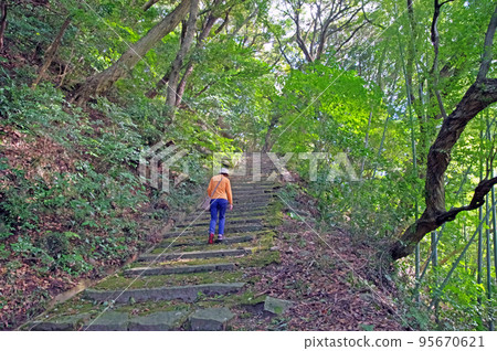一個人在福岡縣神田鎮里山德覺寺的白山多賀神社的入口處行走。 95670621