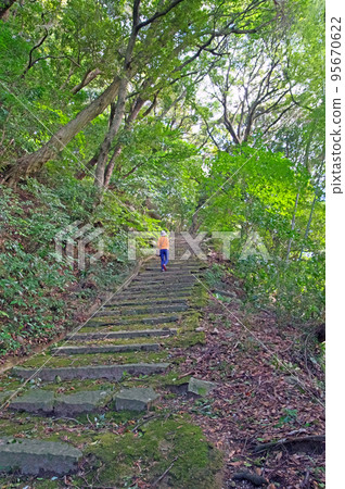 一個人在福岡縣神田鎮里山德覺寺的白山多賀神社的入口處行走。 一個人在福岡縣神田鎮里山德覺寺的白山多賀神社的入口處行走。 95670622