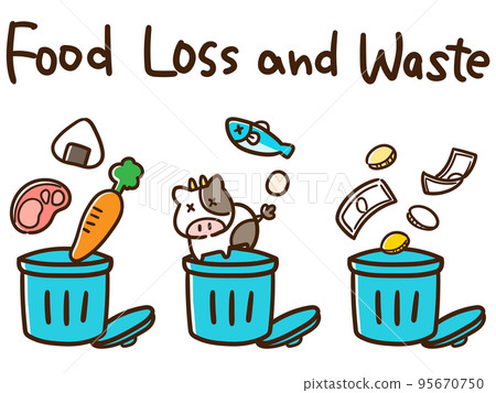 變形的手繪插圖集丟棄在垃圾箱中的東西,代表各種食物損失情況 變形的手繪插圖集丟棄在垃圾箱中的東西,代表各種食物損失情況 95670750