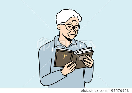 Elderly man looks into Holy Scripture, reads Bible. 95670908