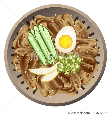 Korean noodles dish. Milmyeon plate top view Korean noodles dish. Milmyeon plate top view 95672136
