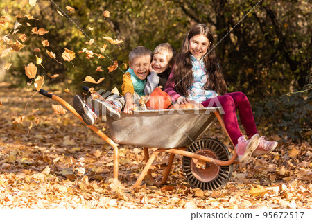 Kids have fun in the wheelbarrow with pumpkins Kids have fun in the wheelbarrow with pumpkins 95672517