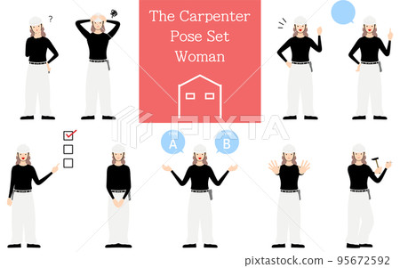 Carpenter female pose set, doubts, worries, encouragement, pointing, etc. 95672592