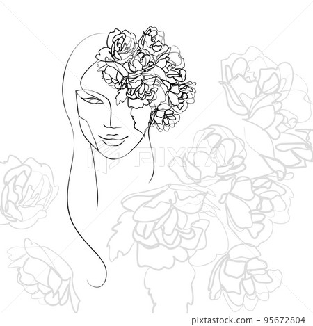 One line hand drawn vector art with beautiful woman face and flowers in elegant curve. Black isolated on white background. Modern simplistic design for fashion, wall art, print, tattoo, cover, card. 95672804