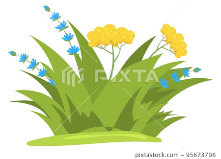 Green grass patch with blooming flowers. Meadow cartoon plants Green grass patch with blooming flowers. Meadow cartoon plants 95673708