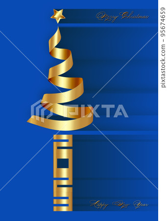 Merry Christmas tree and 2023 new year greeting card with stylized bright gold ribbon Christmas tree and star, copy space. Vector illustration isolated on blue background  95674659
