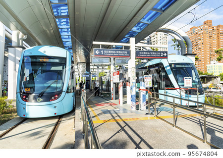 View of light rail train at the Tamsui station in New Taipei City, Taiwan. It is the first light rail transit in northern Taiwan. 95674804
