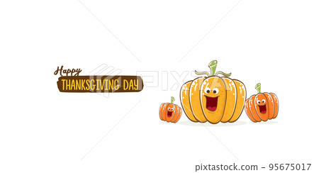 Funny Thanksgiving day horizontal banner with vector funny cartoon cute smiling friends pumpkins isolated on white background. Thanksgiving day cute banner and label design template with pumpkins 95675017