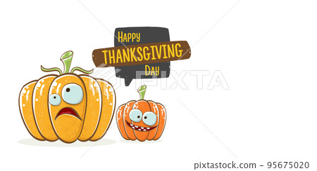 Funny Thanksgiving day horizontal banner with vector funny cartoon cute smiling friends pumpkins isolated on white background. Thanksgiving day cute banner and label design template with pumpkins 95675020