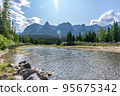A beautiful photo of river in Canmore, Alberta with the rocky mountains in the background.  95675342