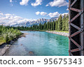 Scenic long exposure view by the Canmore Engine Bridge, Alberta, Canada. High Quality 95675343