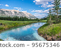 A beautiful photo of river in Canmore, Alberta with the rocky mountains in the background.  95675346