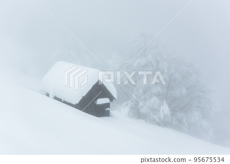 Fantastic landscape with snowy house 95675534