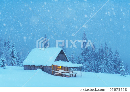 Fantastic landscape with snowy house Fantastic landscape with snowy house 95675538