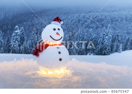 Funny snowman in stylish red hat 95675547
