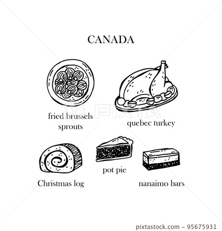 Vector set of illustrations of the Christmas dishes of Canada. Hand-drawn illustration. Vector set of illustrations of the Christmas dishes of Canada. Hand-drawn illustration. 95675931