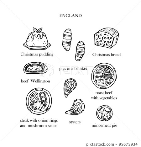 Vector set of illustrations of the Christmas dishes of England. Hand-drawn illustration. Vector set of illustrations of the Christmas dishes of England. Hand-drawn illustration. 95675934