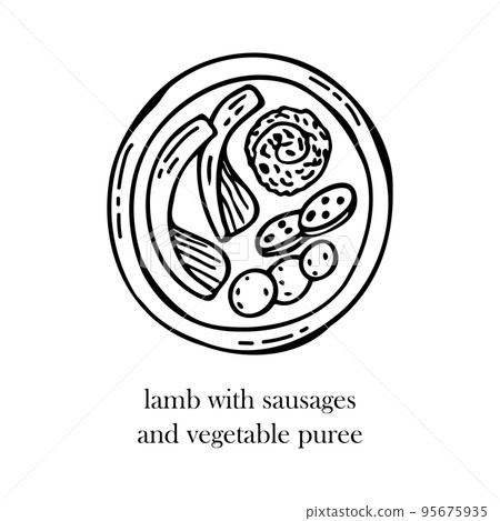 Vector illustration of the Scandinavian Christmas dish - lamb with sausages and vegetable puree. Hand-drawn illustration. 95675935