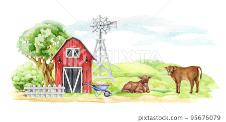 Countryside landscape with farm animals. Watercolor illustration. Green field, red barn, bushes, wind mill, tree cows elements. Country green meadow with barn and domestic farm cows Countryside landscape with farm animals. Watercolor illustration. Green field, red barn, bushes, wind mill, tree cows elements. Country green meadow with barn and domestic farm cows 95676079