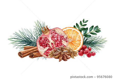 Wintertime floral decor from fruit and pine. Watercolor illustration. Hand drawn winter festive decoration. Orange slices, pine, cinnamon, pomegranate, red berries, spices in decorative element 95676080