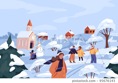 Winter recreation or fun outdoor activity, vector 95676143