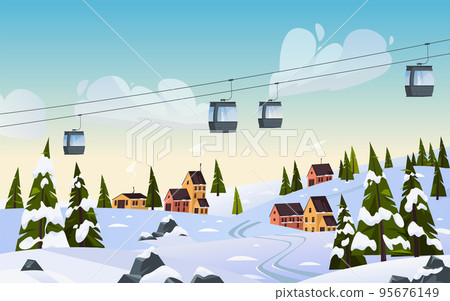 Ski resort scenery with cableway or cable railway. 95676149