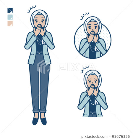 一個休閒時尚的阿拉伯女人捂著嘴驚訝的插圖 一個休閒時尚的阿拉伯女人捂著嘴驚訝的插圖 95676336