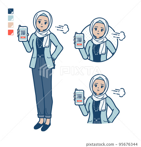 Illustration of a casual fashion Arabian woman making a cashless payment with a smartphone with a troubled face 95676344