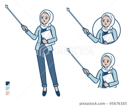 一個休閒時尚的阿拉伯女人用指點桿解釋的插圖 95676385